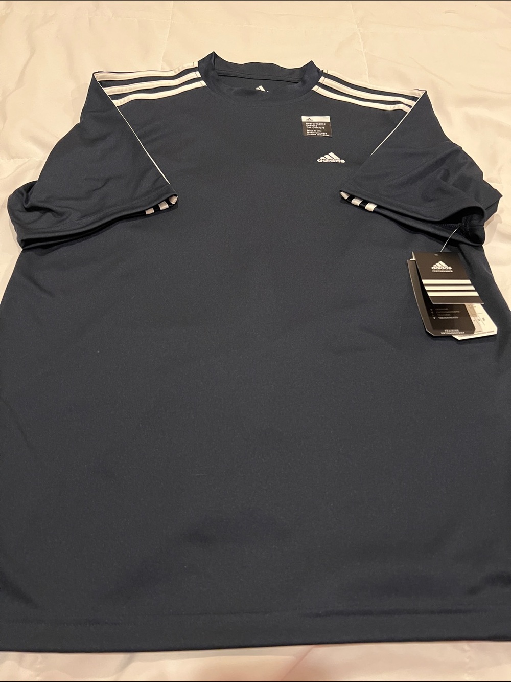 adidas Navy Blue Short-Sleeve Training Tee with White Stripes